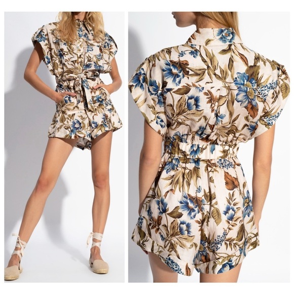 Zimmermann Aliane Belted Roll Cuff Linen Playsuit in Khaki Floral size 0 | US 4 - Picture 1 of 16
